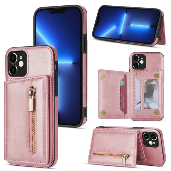 Feishell Back Flip Case for Apple iPhone 12 mini,Premium PU Leather Wallet Cover with ID Credit Card Holder & Zipper Pocket Magnetic Metal Button Kickstand Shockproof Phone Case,Rosegold
