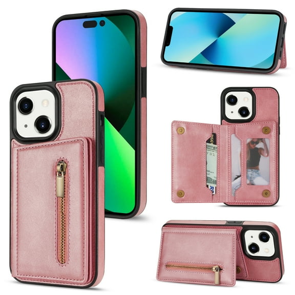 Feishell Back Flip Case for Apple iPhone 15,Premium PU Leather Wallet Cover with ID Credit Card Holder & Zipper Pocket Magnetic Metal Button Kickstand Shockproof Phone Case,Rosegold