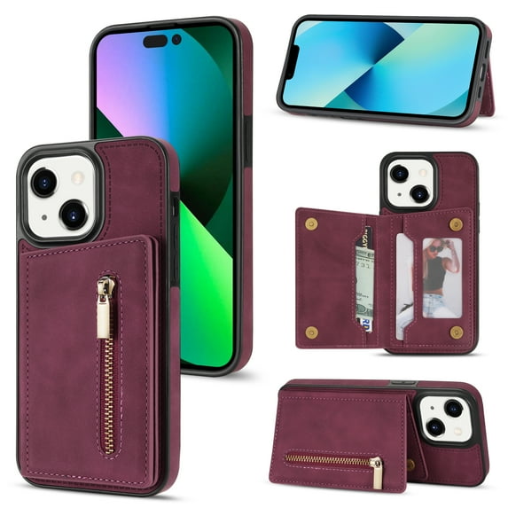 Feishell Back Flip Case for Apple iPhone 15,Premium PU Leather Wallet Cover with ID Credit Card Holder & Zipper Pocket Magnetic Metal Button Kickstand Shockproof Phone Case,Winered