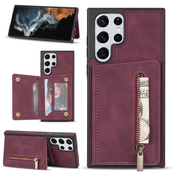 Feishell Back Flip Case for Samsung Galaxy S23 Ultra,Premium PU Leather Wallet Cover with ID Credit Card Holder & Zipper Pocket Magnetic Metal Button Kickstand Shockproof Phone Case,Winered