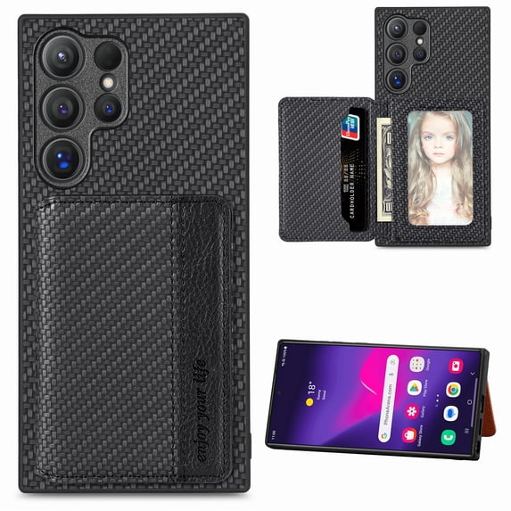 Feishell Back Flip Wallet Case for Samsung Galaxy S24 Ultra,Drop Protection Luxury PU Leather Magnetic Closure RFID Blocking Card Slots Flip Kickstand Support Car Mount Phone Case for Women Men,Black