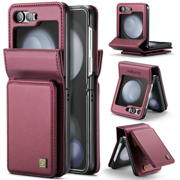 Feishell Back Wallet Case for Samsung Galaxy Z Flip 5,Premium PU Leather RFID Blocking Credit Card Slots Double Magnetic Clasp Flip Kickstand Shockproof Phone Case for Women Men,Red