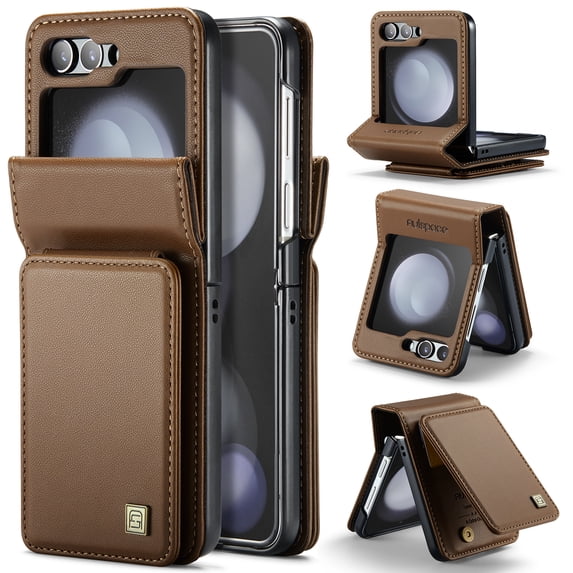 Feishell Back Wallet Case for Samsung Galaxy Z Flip 6,Premium PU Leather RFID Blocking Credit Card Slots Double Magnetic Clasp Flip Kickstand Shockproof Phone Case for Women Men,Brown