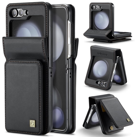 Feishell Back Wallet Case for Samsung Galaxy Z Flip 6,Premium PU Leather RFID Blocking Credit Card Slots Double Magnetic Clasp Flip Kickstand Shockproof Phone Case for Women Men,Black