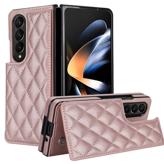 Feishell Back Wallet Case for Samsung Galaxy Z Fold 4, RFID Blocking Premium PU Leather Flip Cover with Card Slots Holder Magnetic Buttons TPU Bumper Shockproof Case for Galaxy Z Fold 4, Rosegold