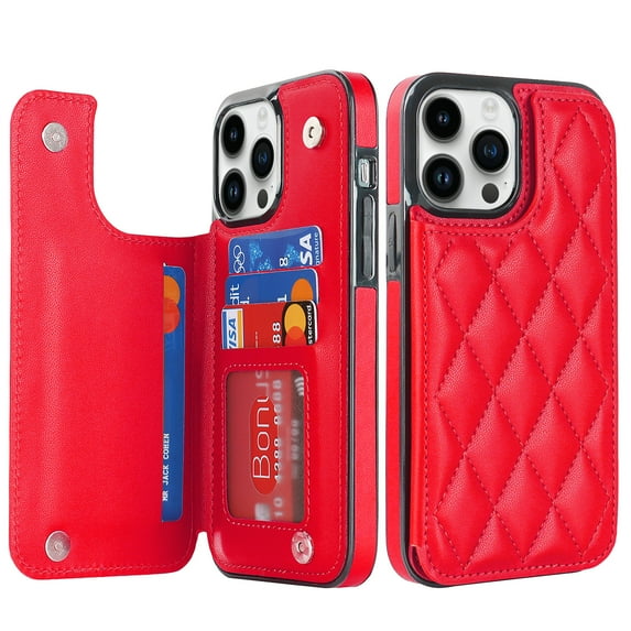Feishell Back Wallet Case for iPhone 13 Pro Max, RFID Blocking Premium PU Leather Flip Cover with Card Slots Holder Magnetic Buttons Kickstand TPU Bumper Shockproof Case for iPhone 13 Pro Max, Red