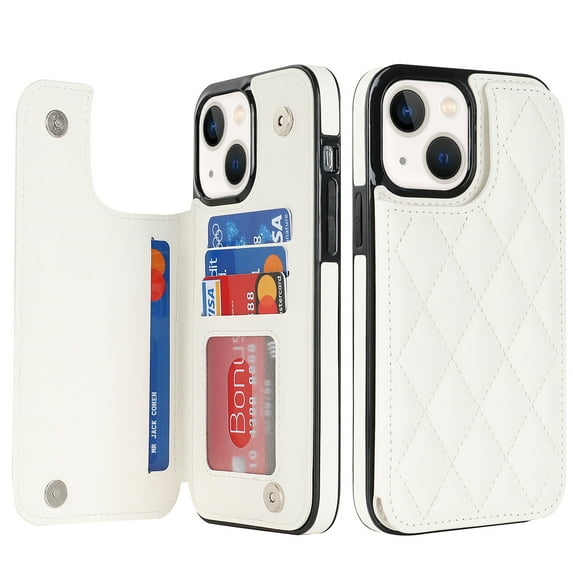 Feishell Back Wallet Case for iPhone 15 6.1", RFID Blocking Premium PU Leather Flip Cover with Card Slots Holder Magnetic Buttons Kickstand TPU Bumper Shockproof Case, White