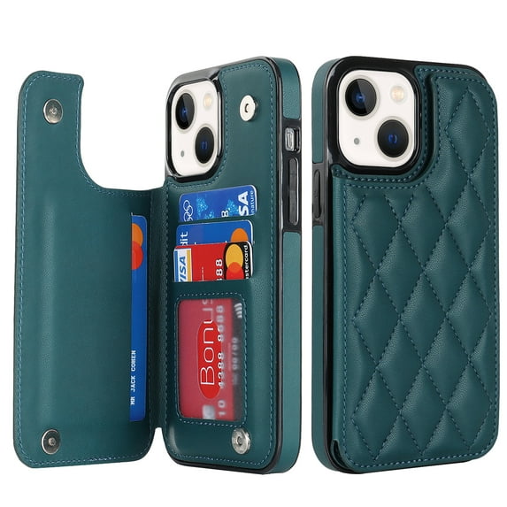 Feishell Back Wallet Case for iPhone 15 6.1", RFID Blocking Premium PU Leather Flip Cover with Card Slots Holder Magnetic Buttons Kickstand TPU Bumper Shockproof Case, Darkgreen