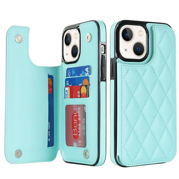 Feishell Back Wallet Case for iPhone 15 Plus 6.7", RFID Blocking Premium PU Leather Flip Cover with Card Slots Holder Magnetic Buttons Kickstand TPU Bumper Shockproof Case, Mint