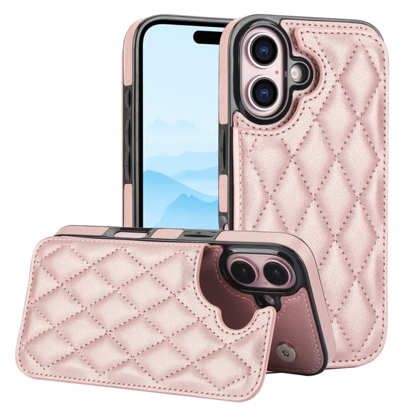Feishell Back Wallet Case for iPhone 16 Plus, RFID Blocking Premium PU Leather Flip Cover with Card Slots Holder Magnetic Buttons TPU Bumper Shockproof Case for iPhone 16 Plus, Rosegold