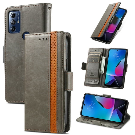 Feishell Business Wallet Case for Motorola Moto G Play 2023, Premium PU Leather Full Protection Magnetic Buckle Flip Kickstand Shockproof Phone Case with ID Credit Card Slots, Gray