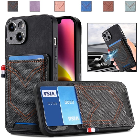 Feishell Card Slots Wallet Case for iPhone 14 Plus, Vintage Classic PU Leather Slim Back Cover, Magnetic Car Mount TPU Shockproof Lens Protection Case for iPhone 14 Plus,Black