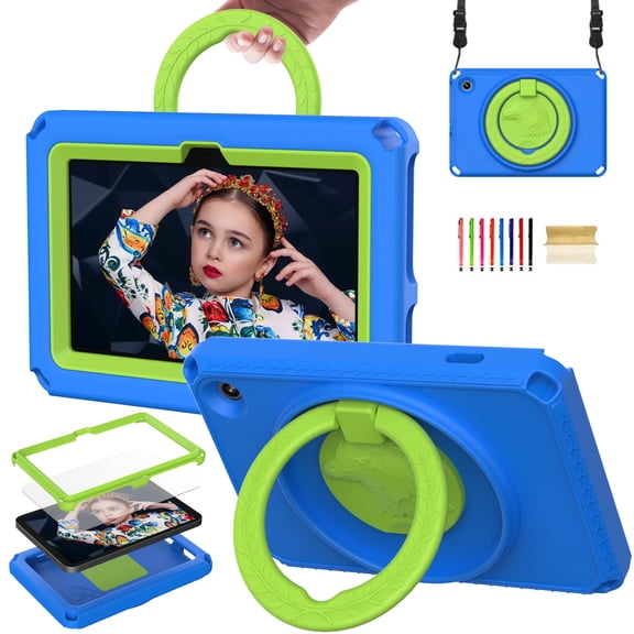 Feishell Case for Amazon Fire 7 (12th Generation) 2022 with Built-in Screen Protector,Shockproof Rugged 360 Rotatable Folding Handle Kickstand Kids Friendly EVA Case Cover with Shoulder Strap,Blue