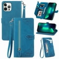 thumbnail image 1 of Feishell Case for Apple iPhone 12 Pro Max, Embossed Card Slots Retro Leather Wallet Shockproof Flip Cover with Hand Strap Card Slots Zipper Pocket Kickstand Handbag Magnetic Closure, Blue, 1 of 10