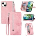thumbnail image 1 of Feishell Case for Apple iPhone 14 Plus, Embossed Card Slots Retro Leather Wallet Shockproof Flip Cover with Hand Strap Card Slots Zipper Pocket Kickstand Handbag Magnetic Closure, Pink, 1 of 12