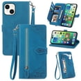 thumbnail image 1 of Feishell Case for Apple iPhone 14 Plus, Embossed Card Slots Retro Leather Wallet Shockproof Flip Cover with Hand Strap Card Slots Zipper Pocket Kickstand Handbag Magnetic Closure, Blue, 1 of 12