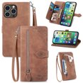 thumbnail image 1 of Feishell Case for Apple iPhone 14 Pro, Embossed Card Slots Retro Leather Wallet Shockproof Flip Cover with Hand Strap Card Slots Zipper Pocket Kickstand Handbag Magnetic Closure, Brown, 1 of 16