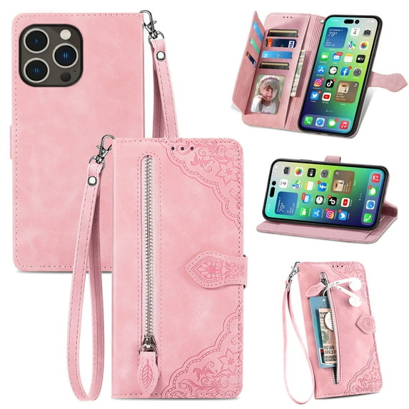 Feishell Case for Apple iPhone 14 Pro, Embossed Card Slots Retro Leather Wallet Shockproof Flip Cover with Hand Strap Card Slots Zipper Pocket Kickstand Handbag Magnetic Closure, Pink
