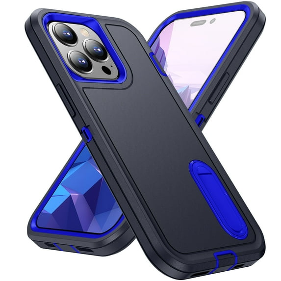 Feishell Case for Apple iPhone 16,Heavy Duty 3 Layer Military Protection with Hidden Kickstand Shock Resistant Armor Hybrid Bumper Rugged Rubber Phone Cover,Darkblue+Royalblue