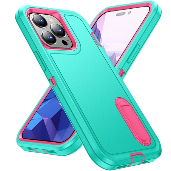 Feishell Case for Apple iPhone 16 Pro,Heavy Duty 3 Layer Military Protection with Hidden Kickstand Shock Resistant Armor Hybrid Bumper Rugged Rubber Phone Cover,Mint+Rose