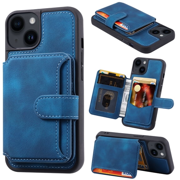 Feishell Case Compatible with iPhone 15 Plus Case with Card Holder Wallet Case for Women Men PU Leather Kickstand Back Case Magnetic Closure Shockproof Case For iPhone 15 Plus - 6.7", Blue