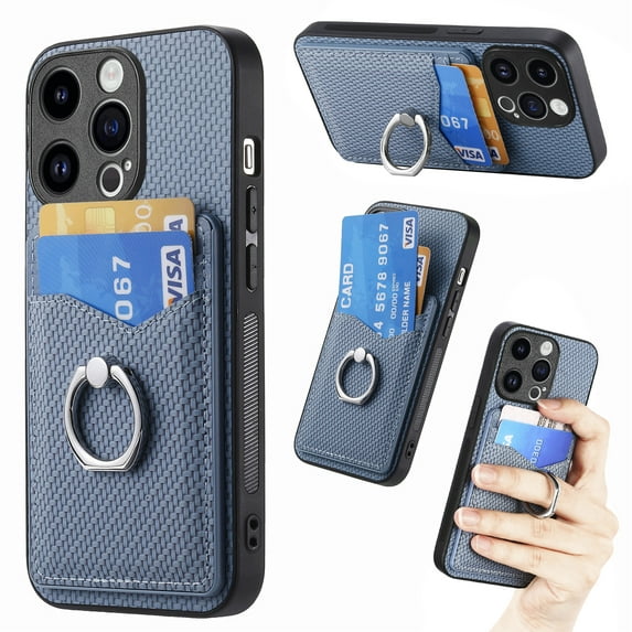 Feishell Case Compatible with iPhone 15 Pro Max, Wallet Case Premium Retro Leather Cover with Card Holder, 360? Rotation Ring Kickstand, Carbon Fiber Patterned Design For iPhone 15 Pro Max, Blue
