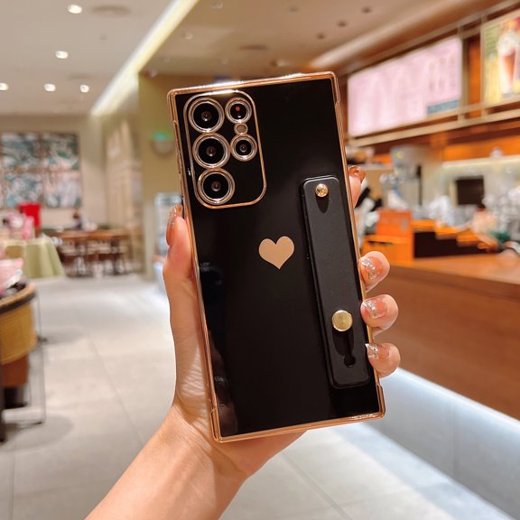 Feishell Case For Galaxy S22, Cute Luxury Plating Love Heart with Camera Protection,Soft TPU Bumper Small Love Pattern,Protective Wrist Strap Kickstand Case For Samsung Galaxy S22, Black