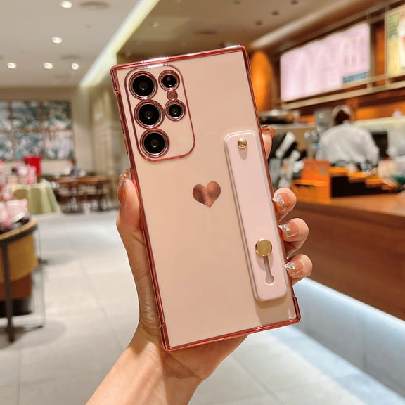 Feishell Case For Galaxy S22 Plus, Cute Luxury Plating Love Heart with Camera Protection,Soft TPU Bumper Small Love Pattern,Protective Wrist Strap Kickstand Case For Samsung Galaxy S22 Plus, Pink
