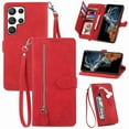 thumbnail image 1 of Feishell Case For Samsung Galaxy S23 Ultra, Embossed Card Slots Retro Leather Wallet Shockproof Flip Cover with Hand Strap Card Slots Zipper Pocket Kickstand Handbag Magnetic Closure, Red, 1 of 8