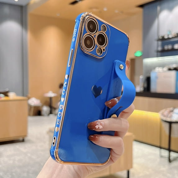 Feishell Case For iPhone 12 Pro Max, Cute Luxury Plating Love Heart with Camera Protection,Soft TPU Bumper Small Love Pattern,Protective Wrist Strap Kickstand Case For iPhone 12 Pro Max, Darkblue