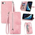 thumbnail image 1 of Feishell Case For iPhone 7/8/SE 2020/SE 2022, Embossed Card Slots Retro Leather Wallet Shockproof Flip Cover with Hand Strap Card Slots Zipper Pocket Kickstand Handbag Magnetic Closure, Pink, 1 of 7