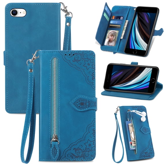 Feishell Case For iPhone 7/8/SE 2020/SE 2022, Embossed Card Slots Retro Leather Wallet Shockproof Flip Cover with Hand Strap Card Slots Zipper Pocket Kickstand Handbag Magnetic Closure, Blue