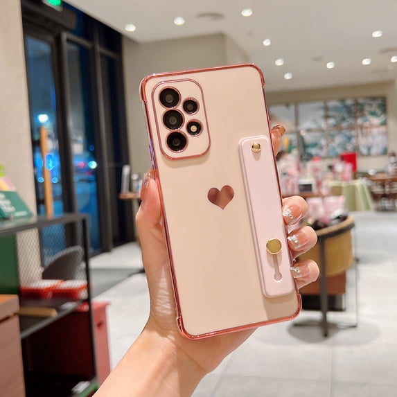 Feishell Case For Galaxy A53 5G, Cute Luxury Plating Love Heart with Camera Protection,Soft TPU Bumper Small Love Pattern,Protective Wrist Strap Kickstand Case For Samsung Galaxy A53 5G, Pink