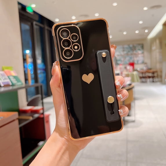 Feishell Case For Galaxy A53 5G, Cute Luxury Plating Love Heart with Camera Protection,Soft TPU Bumper Small Love Pattern,Protective Wrist Strap Kickstand Case For Samsung Galaxy A53 5G, Black