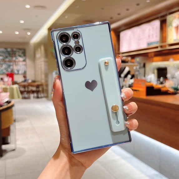 Feishell Case For Galaxy S22, Cute Luxury Plating Love Heart with Camera Protection,Soft TPU Bumper Small Love Pattern,Protective Wrist Strap Kickstand Case For Samsung Galaxy S22, Blue