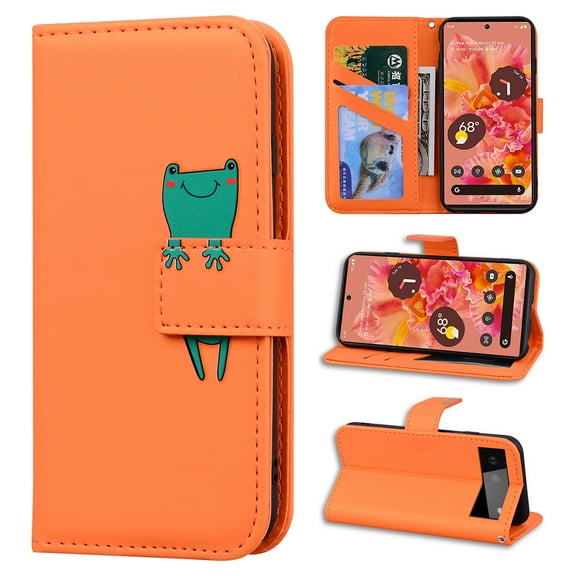 Feishell Case for Google Pixel 6 (6.4 inch),Cartoon Animal Magnetic Buckle Folio Credit Card Slots Shockproof PU Leather Flip Kickstand Anti-Scratch Wallet Phone Case,Orange