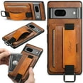 thumbnail image 1 of Feishell Case for Google Pixel 7 (6.3 inch),Shockproof Retro PU Leather Credit Card Pocket Holder Portable Metal Ring Wristhand Strap Kickstand Anti-Scratch Slim Phone Case,Brown, 1 of 9