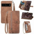thumbnail image 1 of Feishell Case For Google Pixel 7, Embossed Card Slots Retro Leather Wallet Shockproof Flip Cover with Hand Strap Card Slots Zipper Pocket Kickstand Handbag Magnetic Closure, Brown, 1 of 9