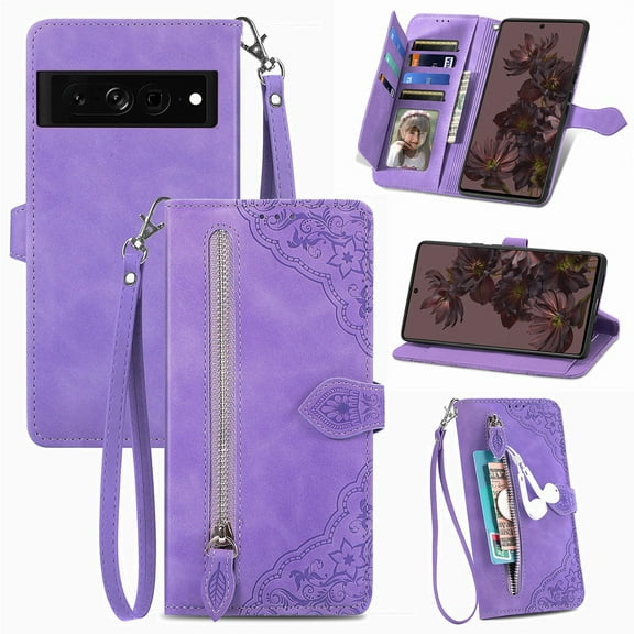 Feishell Case For Google Pixel 7, Embossed Card Slots Retro Leather Wallet Shockproof Flip Cover with Hand Strap Card Slots Zipper Pocket Kickstand Handbag Magnetic Closure, Purple