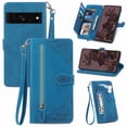 thumbnail image 1 of Feishell Case For Google Pixel 7, Embossed Card Slots Retro Leather Wallet Shockproof Flip Cover with Hand Strap Card Slots Zipper Pocket Kickstand Handbag Magnetic Closure, Blue, 1 of 9