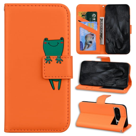 Feishell Case for Google Pixel 8 Pro (6.7 inch),Cartoon Animal Magnetic Buckle Folio Credit Card Slots Shockproof PU Leather Flip Kickstand Anti-Scratch Wallet Phone Case,Orange