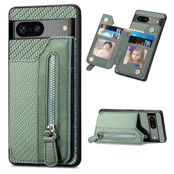 Feishell Case for Google Pixel 8 Pro 6.7 inch,Fiber Grain PU Leather Back Wallet Case with Credit Card Slots & Zipper Pocket Shockproof Magnetic Buckle Flip Kickstand Phone Case,Green