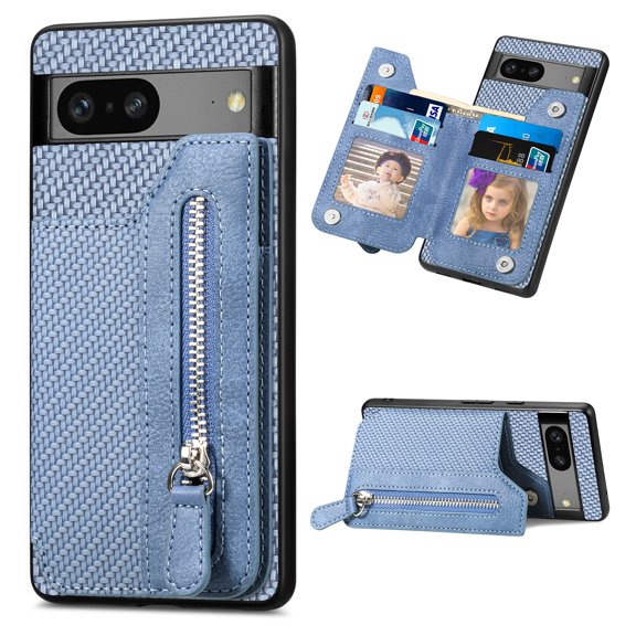 Feishell Case for Google Pixel 8 Pro 6.7 inch,Fiber Grain PU Leather Back Wallet Case with Credit Card Slots & Zipper Pocket Shockproof Magnetic Buckle Flip Kickstand Phone Case,Blue