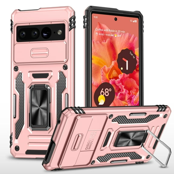 Feishell Case for Google Pixel 8A Camera Lens Slide Protection Cover with Ring Holder Kickstand, Armor Heavy Duty Military Grade Shockproof PC Rugged Bumper for Google Pixel 8A,
Rosegold