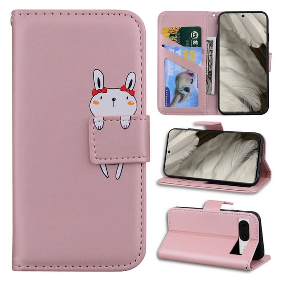 Feishell Case for Google Pixel 9 / 9 Pro, Cute Cartoon Animal Patterned Magnetic Buckle Folio Credit Card Slots Shockproof PU Leather Flip Kickstand Anti-Scratch Wallet Phone Case,Rosegold