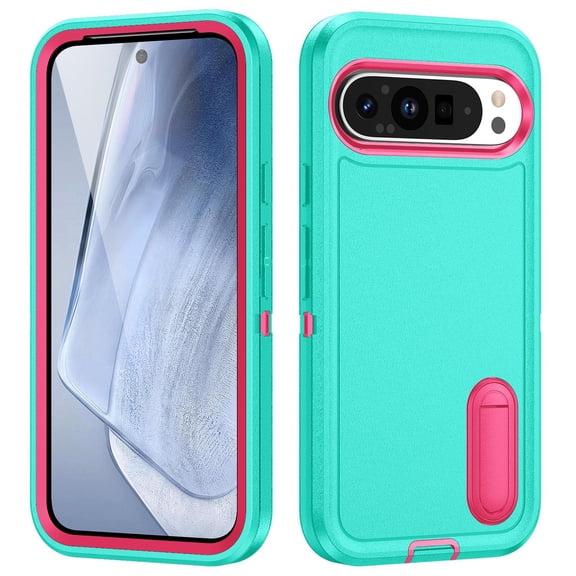 Feishell Case for Google Pixel 9 Pro XL,Heavy Duty 3 Layer Military Protection with Hidden Kickstand Shock Resistant Armor Hybrid Bumper Rugged Rubber Phone Cover,Mint+Rose