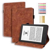 Feishell Case for Kindle Paperwhite 2024 / Signature Edition 2024 / Colorsoft Signature Edition 2024, Embossed Sunflower Folio Stand Elastic Band Card Slots Pen Holder Smart Cover, Brown