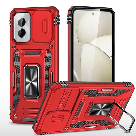 Case for Moto G Power 5G (2025) Camera Lens Slide Protection Cover with Ring Holder Kickstand, Armor Heavy Duty Military Grade Shockproof PC Rugged Bumper for Moto G Power 5G (2025),Red