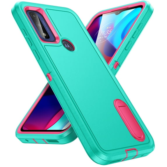 Feishell Case for Motorola G Pure 6.5 inch,Heavy Duty 3 Layer Military Protection with Hidden Kickstand Shock Resistant Armor Hybrid Bumper Rugged Rubber Phone Cover,Mint+Rose