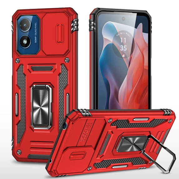 Feishell Case for Motorola Moto G Play 4G 2024 Camera Lens Slide Protection Cover with Ring Holder Kickstand, Car Magnetic Armor Heavy Duty Military Grade Shockproof PC Rugged Bumper,
Red